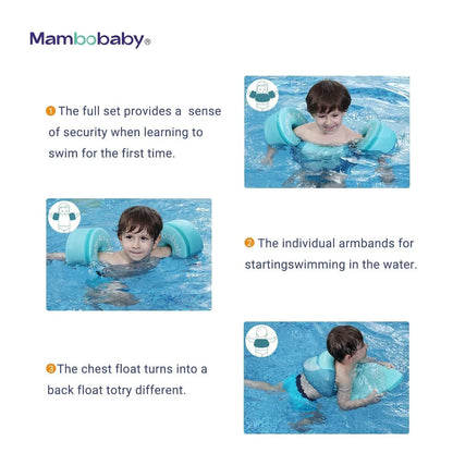 3-in-1 swim training system: Shows Full Vest for beginners, Armbands only for intermediate, and Chest Float for advanced swimmers.