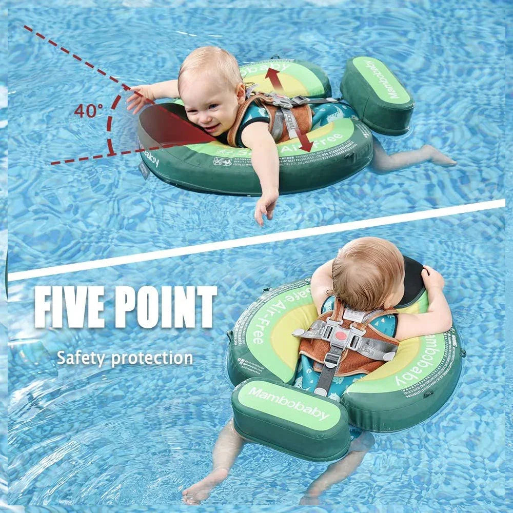 Five-point safety harness holds baby at a stable 40° angle in the water