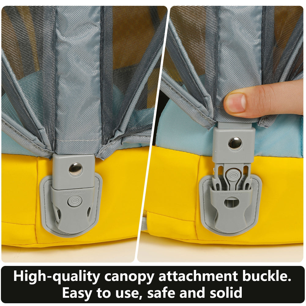 Canopy attachment buckle — the sun canopy clips on and off in seconds