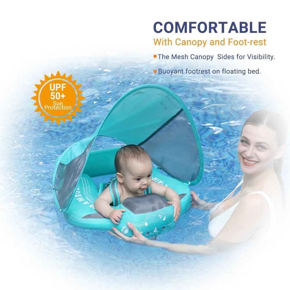 UPF 50+ mesh canopy and foot rest on the Dinosaur float, parent within arm's reach