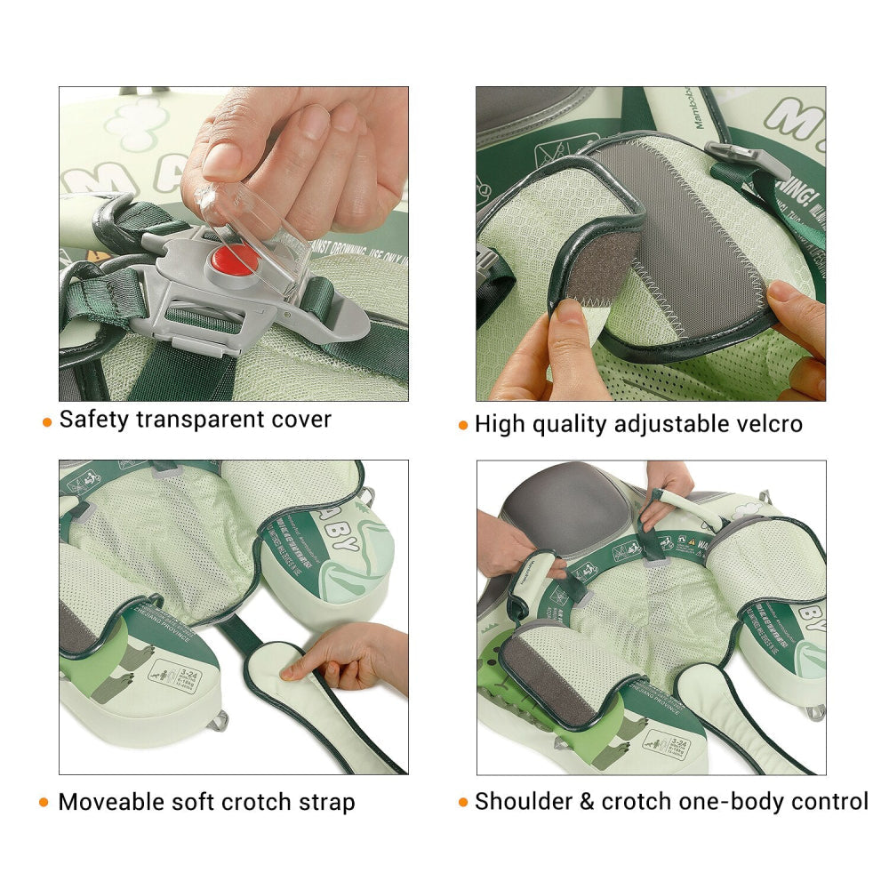 Safety details: transparent cover, adjustable velcro, soft crotch strap and one-body shoulder control