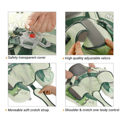 Safety details: transparent cover, adjustable velcro, soft crotch strap and one-body shoulder control