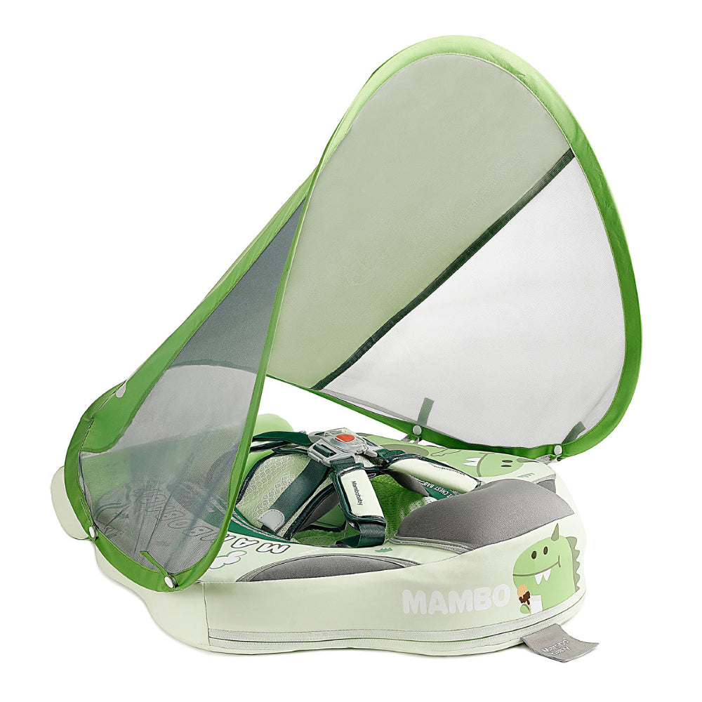 Mambobaby Dinosaur baby float in light green with UPF 50+ canopy and weighted tail