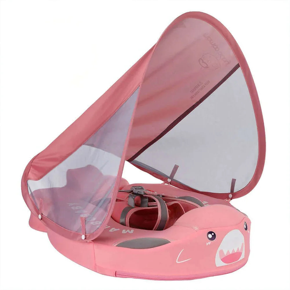 Mambobaby Shark baby float in pink with UPF 50+ sun canopy