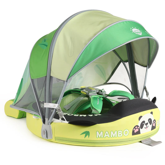 Mambobaby Panda baby float with UPF 50+ sun canopy and weighted tail, 3–24 months