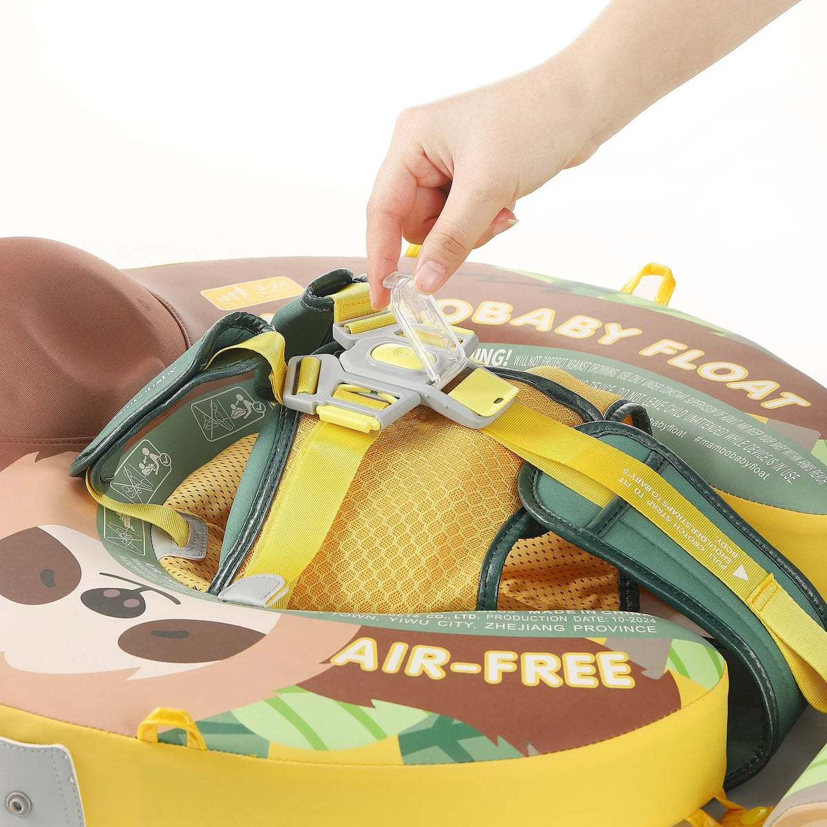 Close-up of the adjustable safety harness and double-lock buckle on the Sloth float