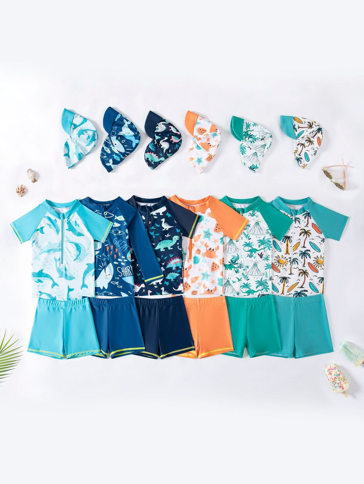 All six Baby & Toddler UPF 50+ swim outfit designs, each with its matching detachable sun hat