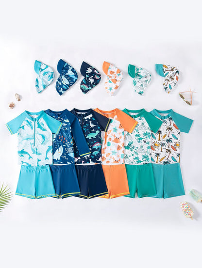 All six Baby & Toddler UPF 50+ swim outfit designs, each with its matching detachable sun hat