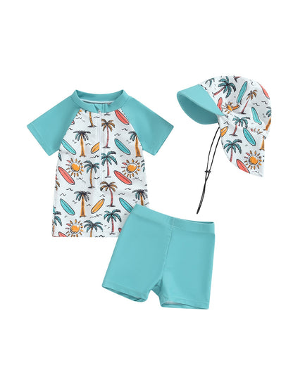 Baby and toddler UPF 50+ swim outfit in peacock blue – 3-piece set with detachable sun hat
