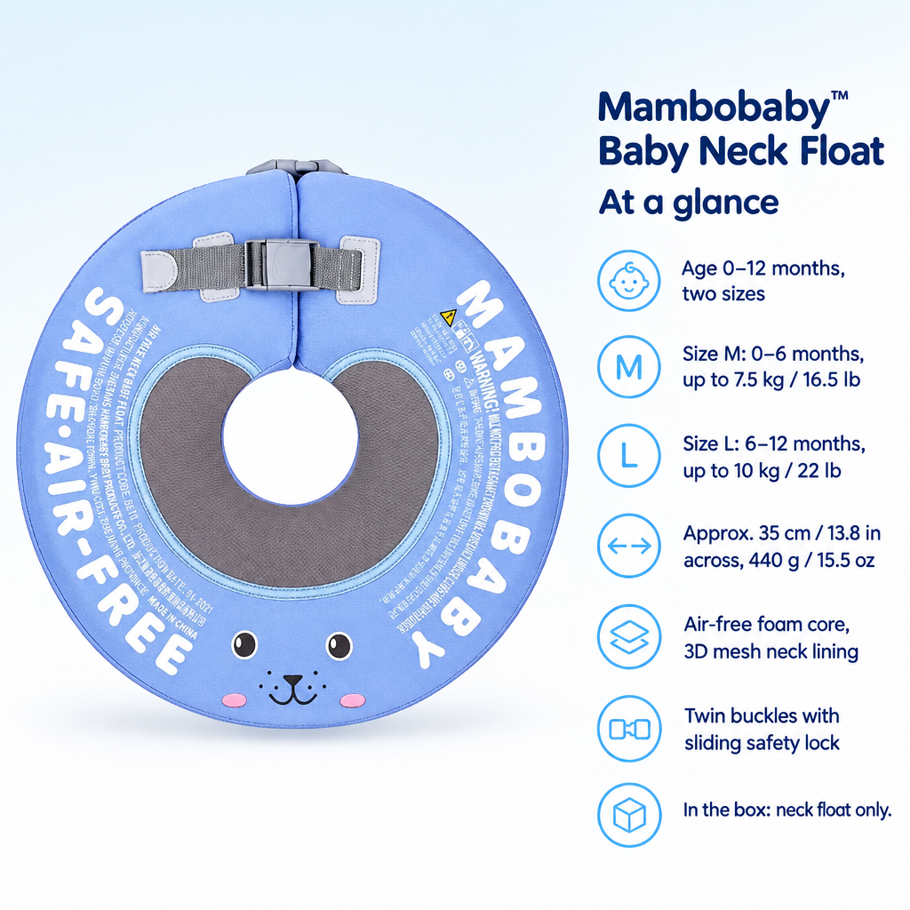 Mambobaby Baby Neck Float – specifications at a glance – age, sizes, materials and what is in the box