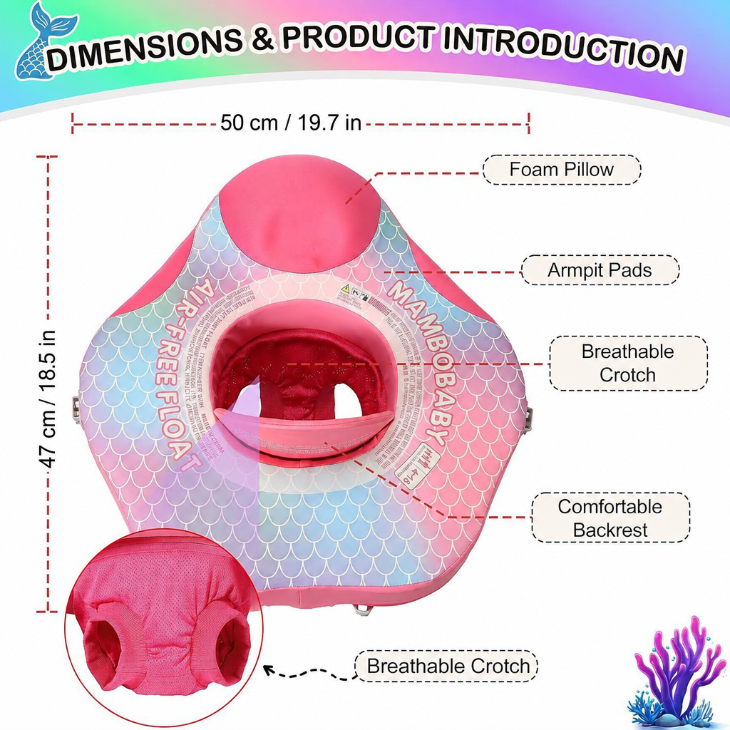 Mambobaby baby seat float dimensions 50 cm / 19.7 in by 47 cm / 18.5 in – foam pillow, armpit pads, breathable crotch, comfortable backrest
