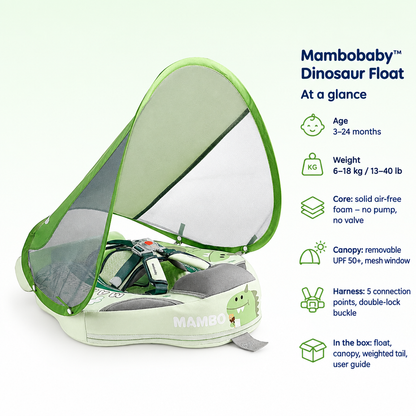 Mambobaby Dinosaur Float – specifications at a glance: age, weight, core, canopy, harness and what is in the box