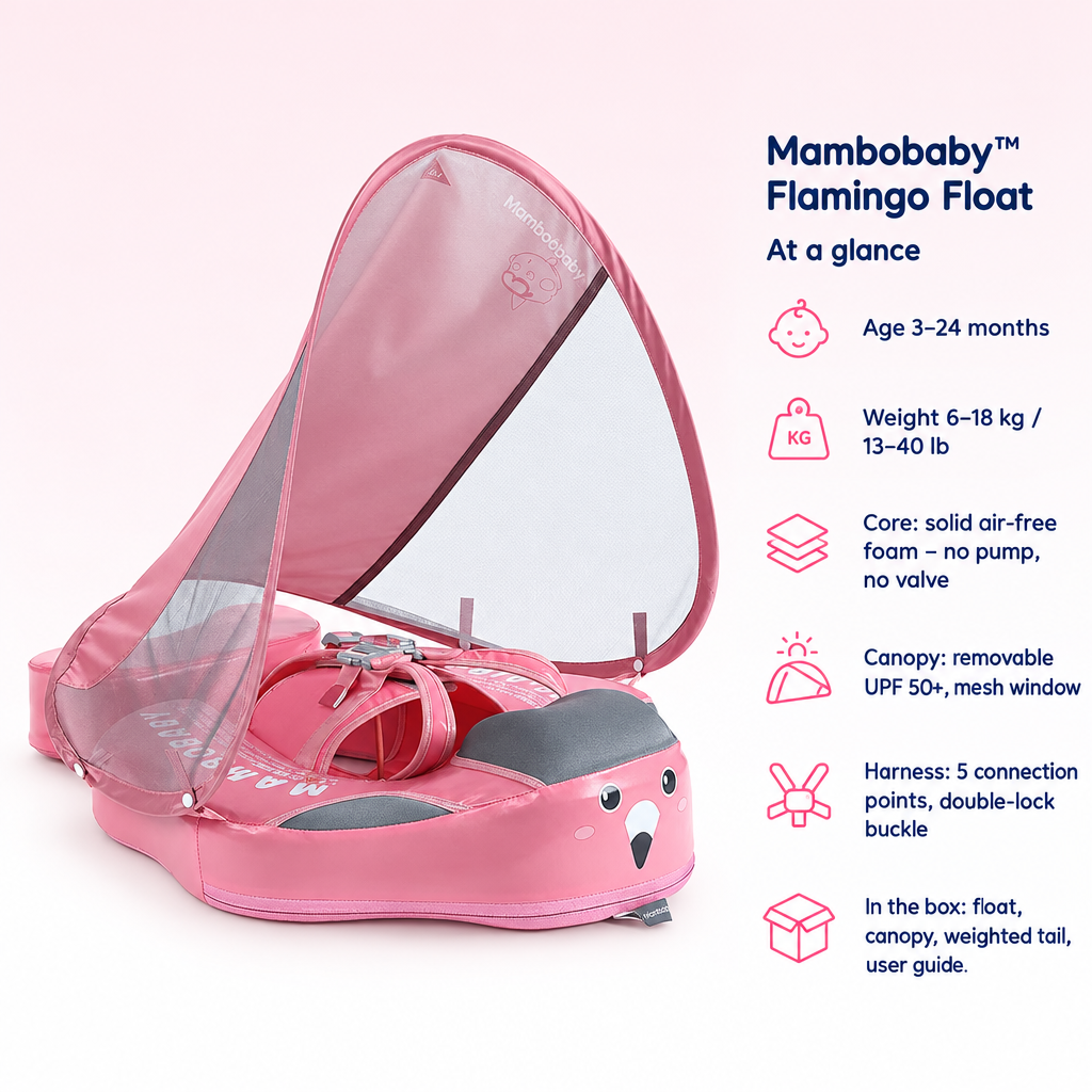 Mambobaby Flamingo Float – specifications at a glance: age, weight, core, canopy, harness and what is in the box