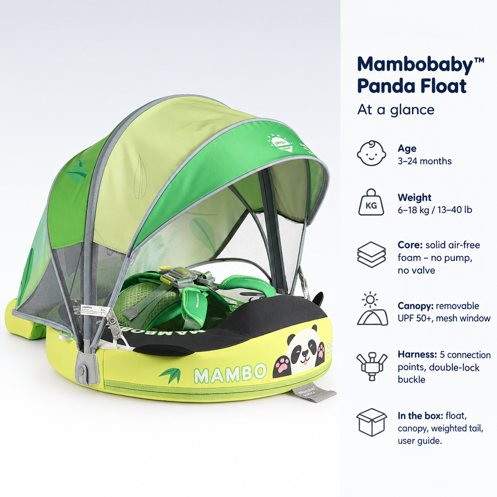 Mambobaby Panda Float – specifications at a glance: age, weight, core, canopy, harness and what is in the box