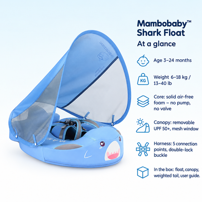 Mambobaby Shark Float – specifications at a glance: age, weight, core, canopy, harness and what is in the box