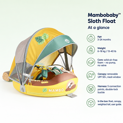 Mambobaby Sloth Float – specifications at a glance: age, weight, core, canopy, harness and what is in the box